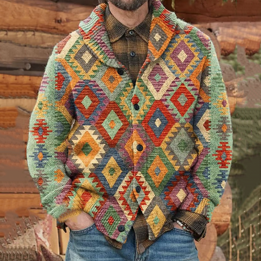Men's Aztec Graphic Print V-Neck Button-Down Cardigan elevenforest