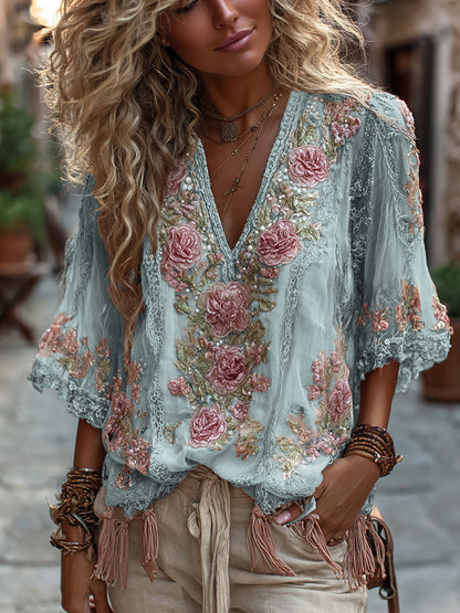Women's Vintage Rose Embroidery Art Comfy Linen Shirts artswardrobe