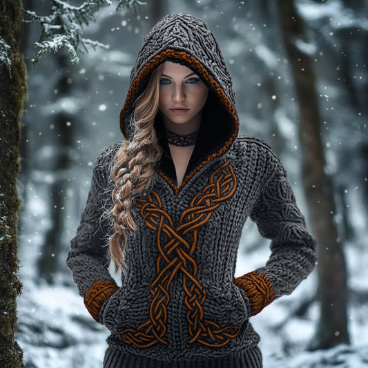 Women's Viking Celtic Knot Jacquard Knit Hooded Sweater artswardrobe