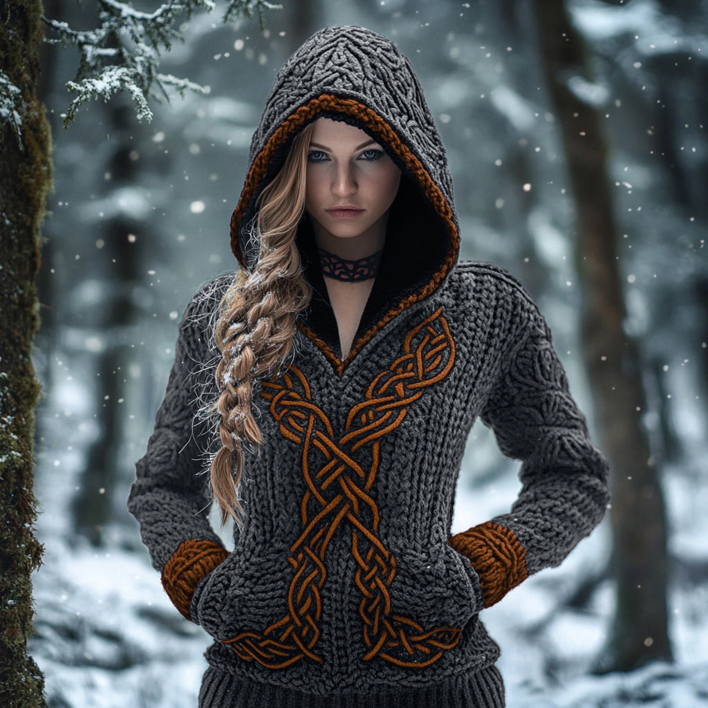 Women's Viking Celtic Knot Jacquard Knit Hooded Sweater elevenforest