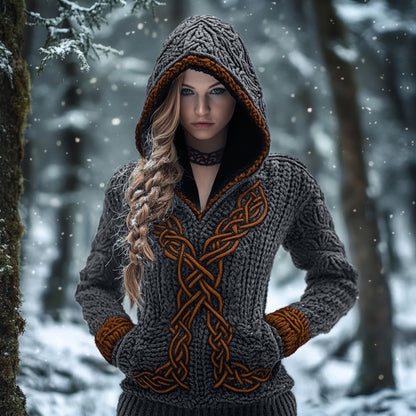 Women's Viking Celtic Knot Jacquard Knit Hooded Sweater elevenforest