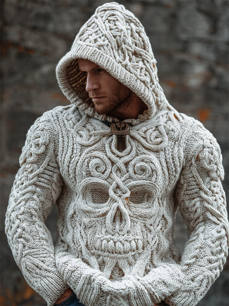Men's Vintage Celtic Skull Chunky Cozy Knit Hooded Sweater artswardrobe