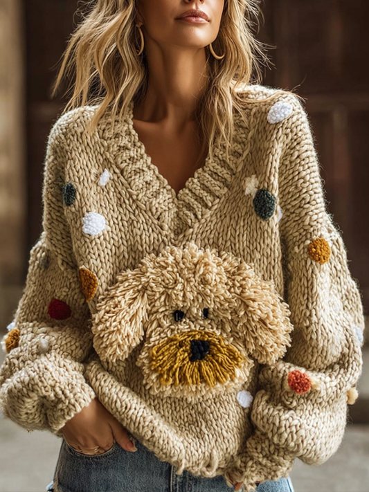 Lady Retro Cute Dog Plush Comfortable Knitted Sweater. artswardrobe