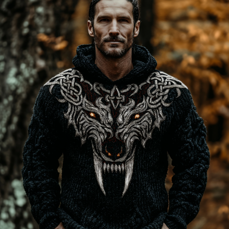 Men's Vintage Viking Wolf Embroidered Hooded Sweater artswardrobe