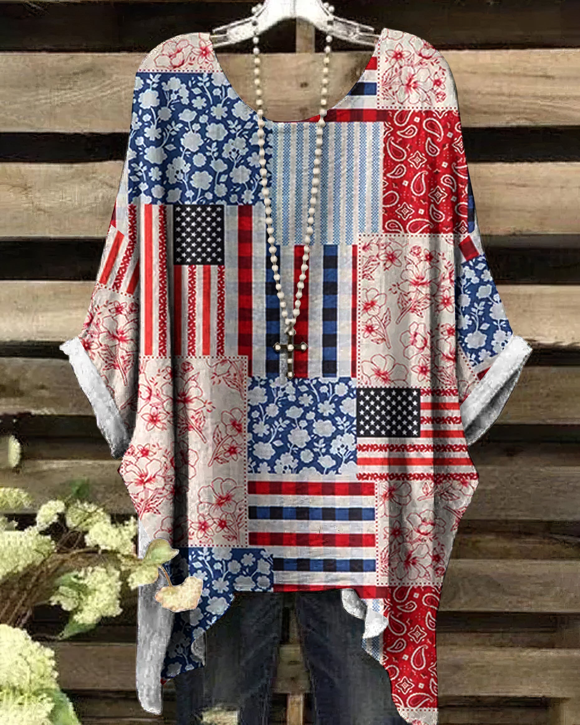 Vintage Independence Day American Flag Patch Floral & Paisley Art Irregular Shirt artswardrobe