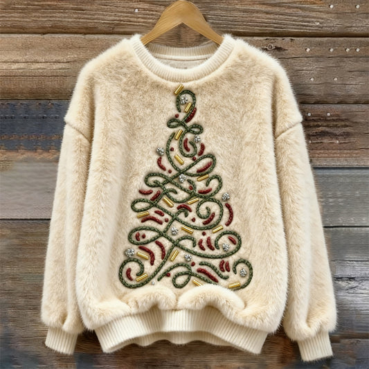Christmas Tree Embroidered Women's Cozy Plush Sweater