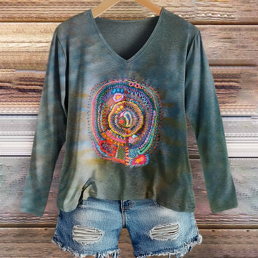 Women's Vintage Embroidered Art Print Casual V-neck Long Sleeve T-shir