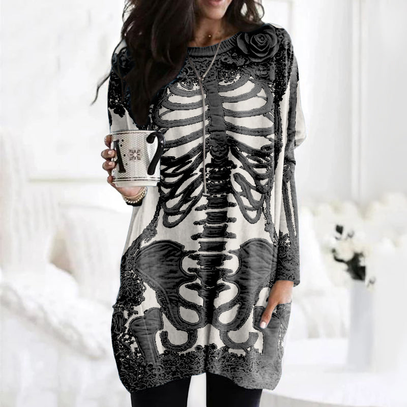 Women's Halloween Skeleton Bones With Rose Art Cozy Knit Turtleneck Mini Sweater Dress artswardrobe
