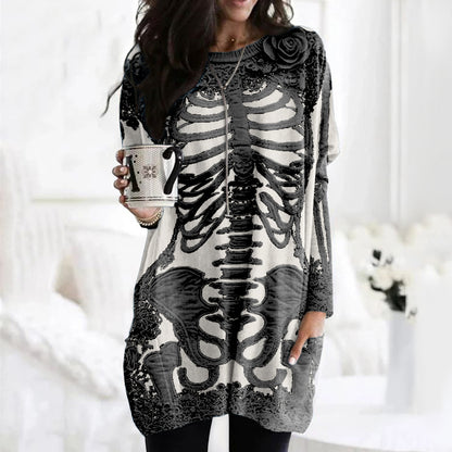 Women's Halloween Skeleton Bones With Rose Art Cozy Knit Turtleneck Mini Sweater Dress artswardrobe