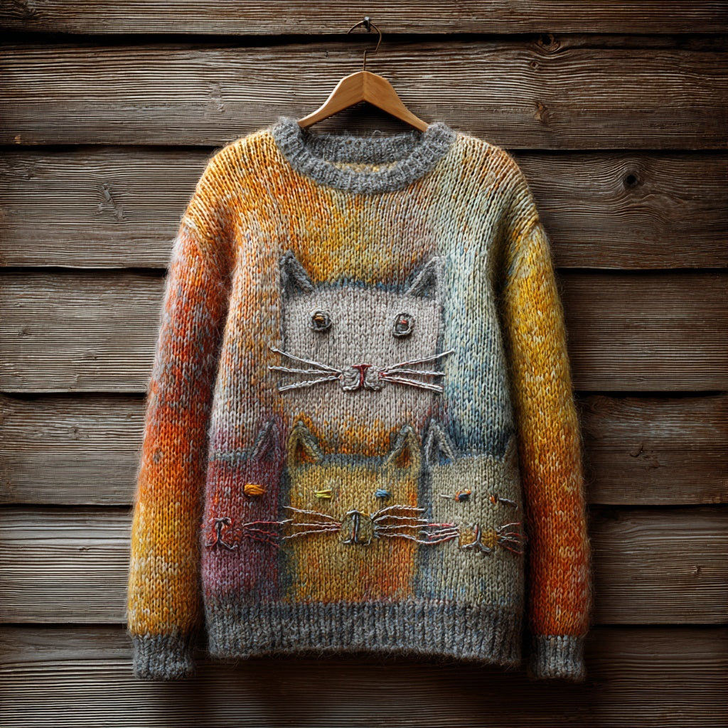 Cute Colorful Cats Embroidered Vintage Cozy Sweater artswardrobe