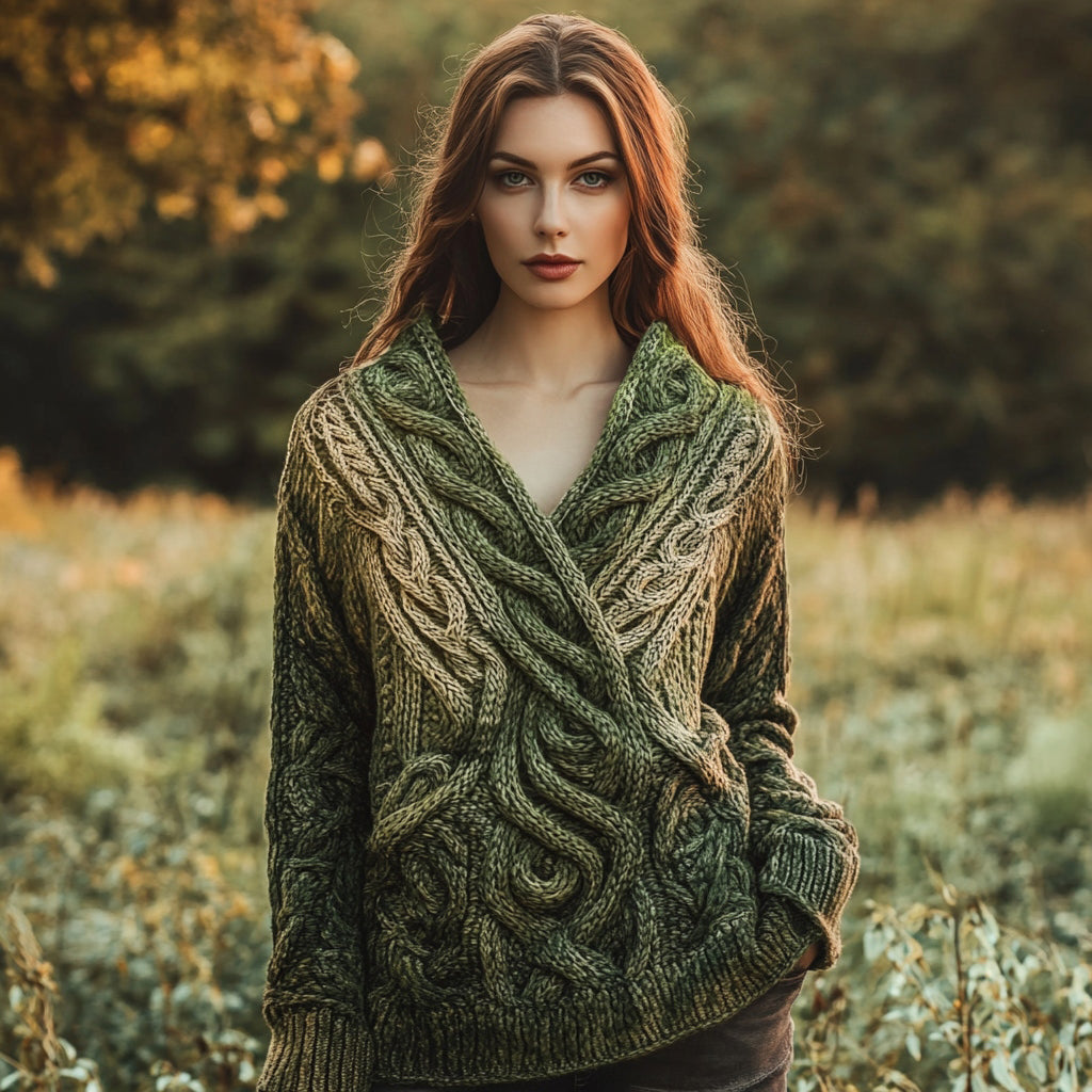 Women's Vintage Celtic Intricate Knot Jacquard V Neck Sweater artswardrobe