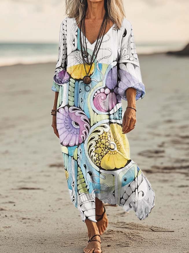 Women's Irregular Pattern Art Print Pocket Cotton Dresses