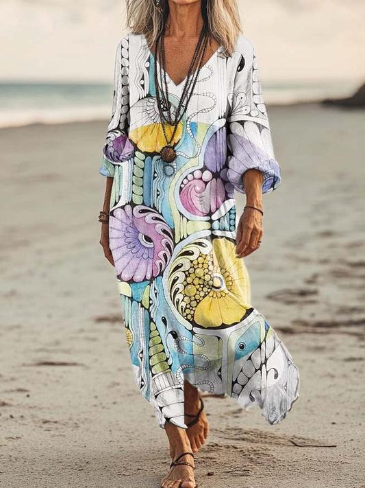 Women's Irregular Pattern Art Print Pocket Cotton Dresses