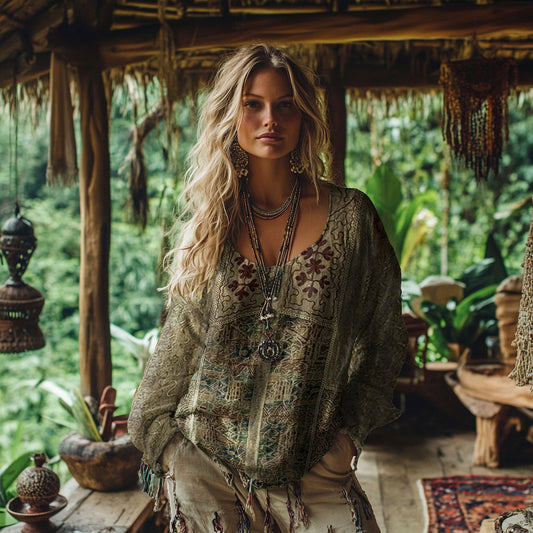 Comstylish Retro Bohemian Resort Floral Art Print Cotton And Linen Blend Loose Blouse