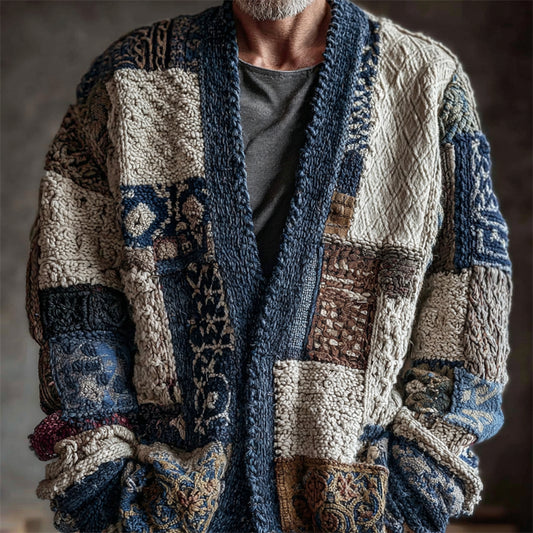 Men's Japanese Sashiko Colorblock Embroidered Cozy Knit Cardigan elevenforest