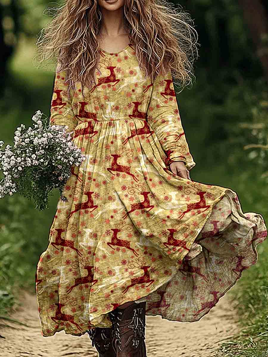 Women's Christmas Elk Floral Pattern Cotton and Linen Dress