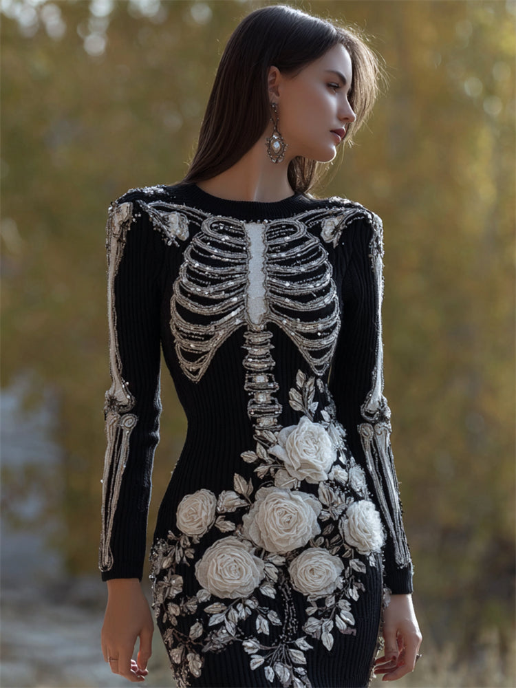 Classy Skeleton White Roses Glitter Beaded Embroidered Sweater Dress artswardrobe