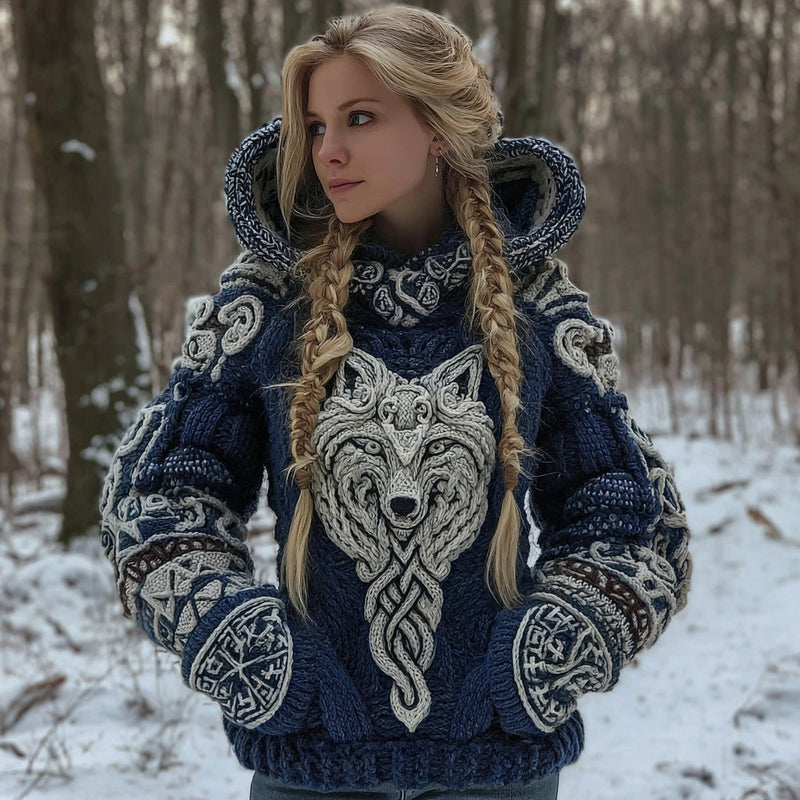 Cardigan con cappuccio in misto cotone con motivo di lupo celtico