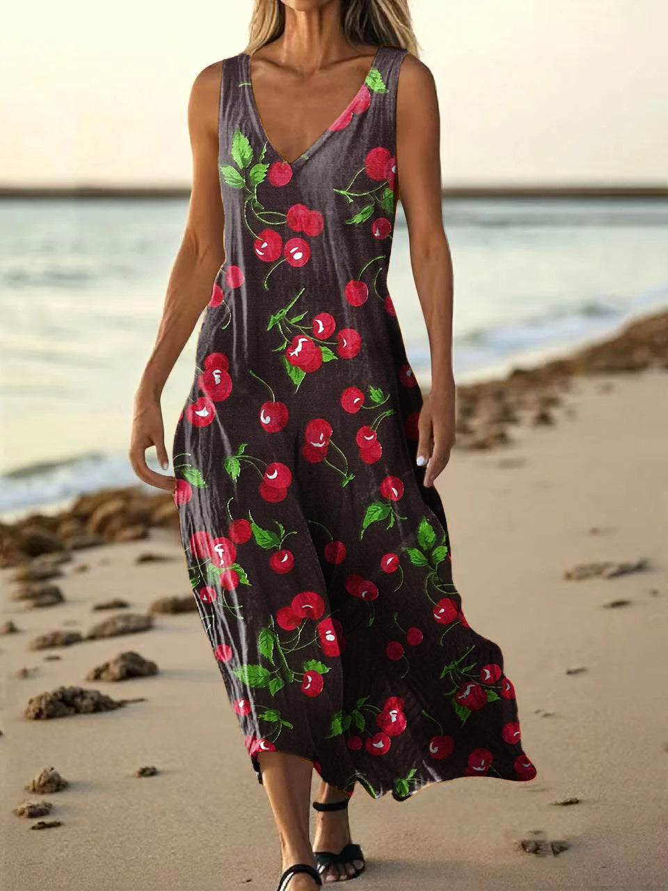 Women's Cherry Pattern Art Print Pocket Cotton Dress