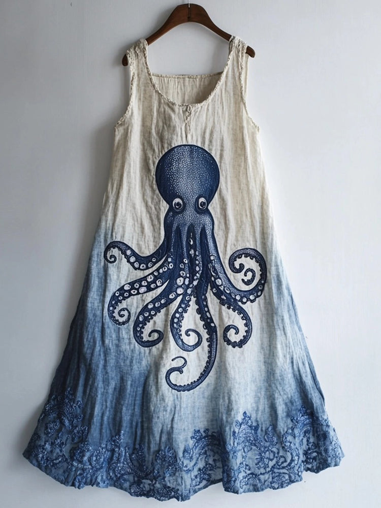 Octopus Pattern Linen Blend Contrast Color Dress artswardrobe