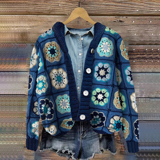 Crochet Floral Blanket Print Knitted Hooded Cardigan elevenforest