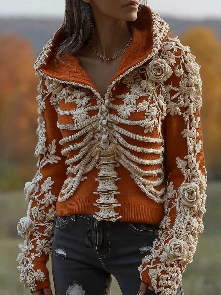 Women's  Halloween Skeleton Bones With Floral Art Knitted Warm Hooded Sweater artswardrobe