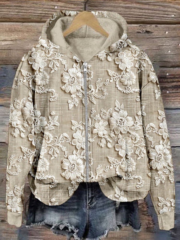 Comstylish Vintage Floral Lace Embroidered Zip Up Comfy Hoodie