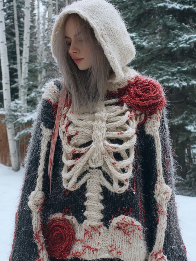 Lady's Halloween Gothic Style Skull Skeleton Pattern Knitted Sweater artswardrobe