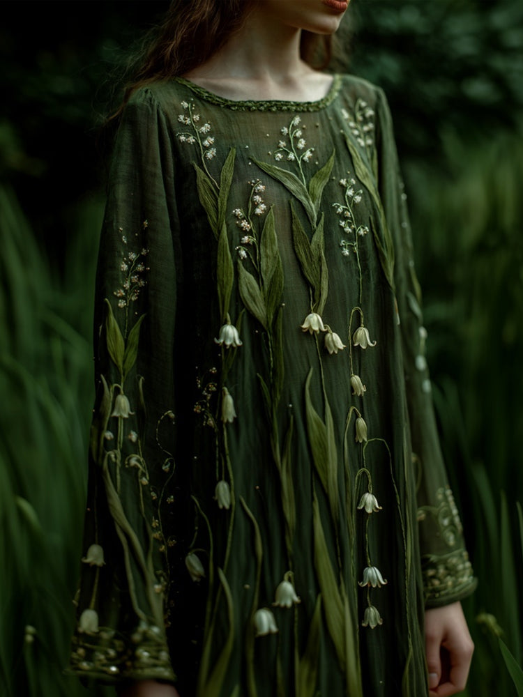 Elegant Lily Of The Valley Embroidered Linen Maxi Dress artswardrobe