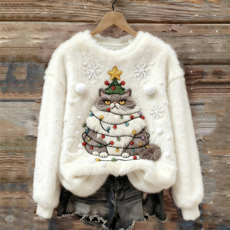 Comstylish Angry Christmas Tree Cat Snowflakes Cozy Plush Sweatshirt