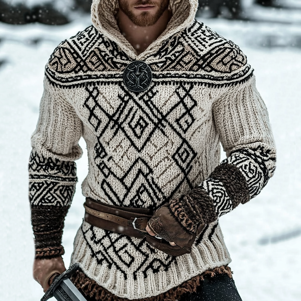Men's Viking Tribal Pattern Jacquard Celtic Cozy Hooded Sweater elevenforest