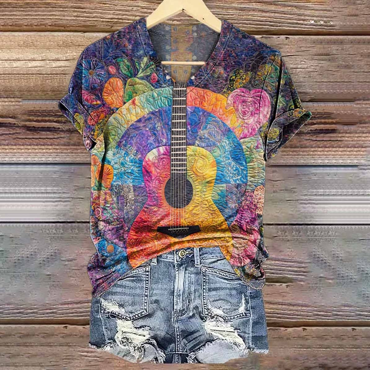 Women's Hippie Rainbow Collage Guitar Print V-neck Casual T-Shirt