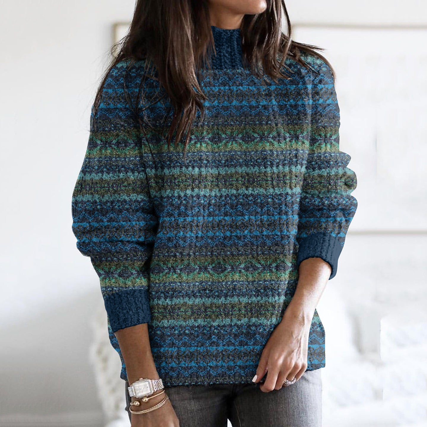 Vintage Geometry Iceland Jacquard Cozy High Collar Sweater elevenforest