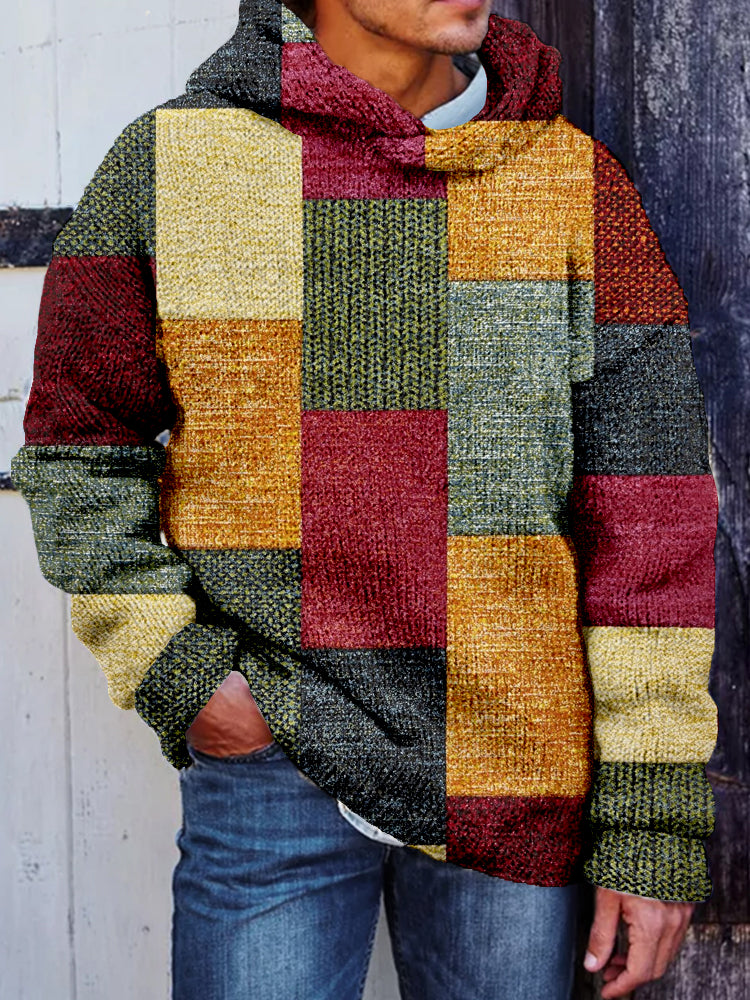 Men's Vintage Colorblock Patchwork Cozy Hooded Sweater elevenforest