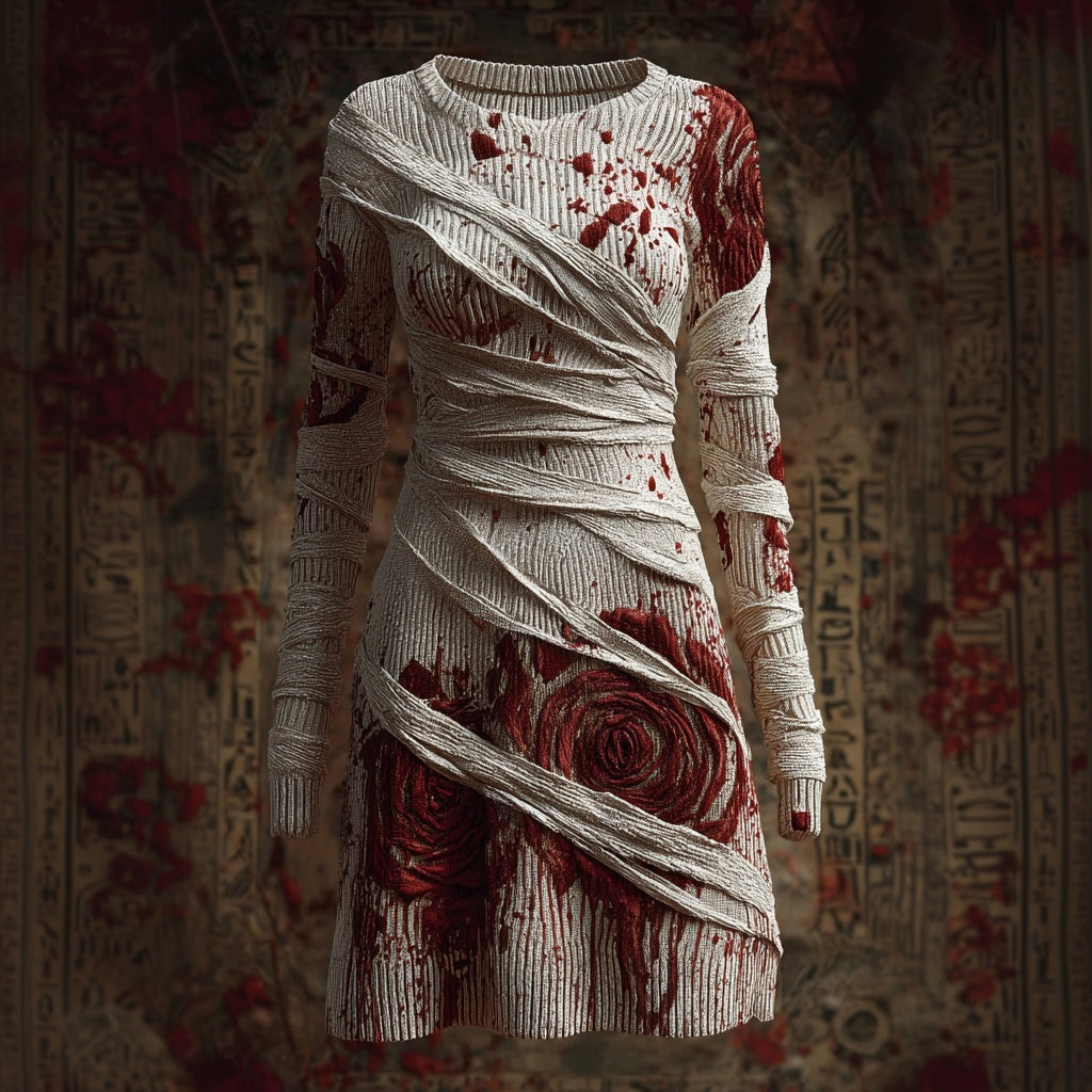 Vintage Bloody Bandages Roses Cozy Knit Sweater Dress artswardrobe