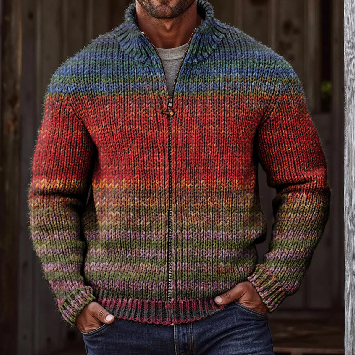 Men's Vintage Gradient Knitted Jacquard Zip Cozy Sweater elevenforest