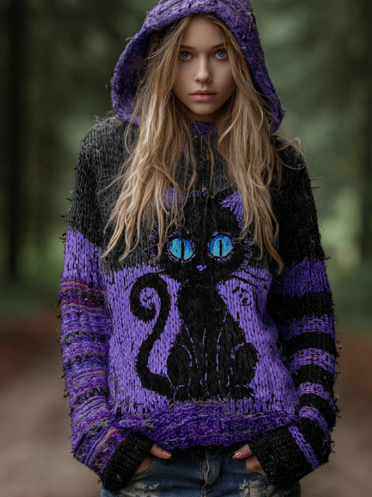 Women's Halloween Cat Embroidery Double-color Splicing Vintage Hooded Sweater artswardrobe