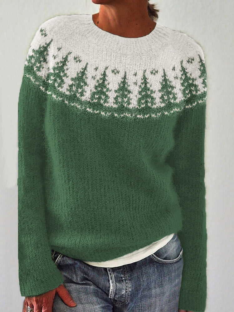 Christmas Trees Yoke Contrast Color Cozy Knit Isle Sweater artswardrobe