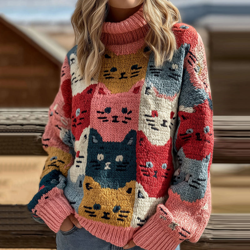 Colorful Cat Embroidered Art Cozy Knitted Turtleneck Sweater elevenforest