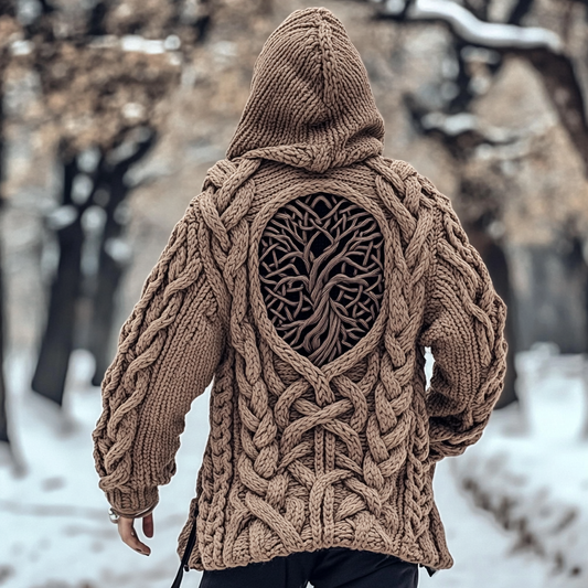 Men's Viking Tribal Tree Of Life Celtic Chunky Cozy Knit Hooded Sweater artswardrobe