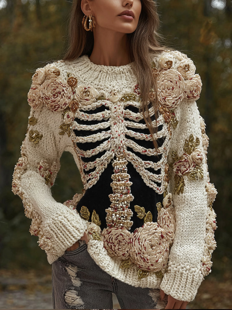 Women's Halloween Skeleton 3d Rose Retro Sweater artswardrobe