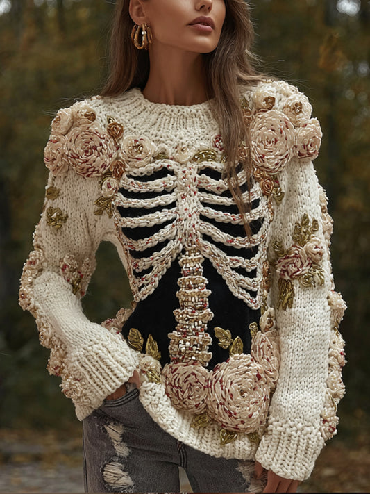 Women's Halloween Skeleton 3d Rose Retro Sweater artswardrobe