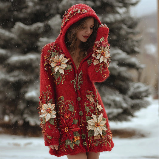 Elegant Christmas Poinsettia Glitter Cozy Hooded Cardigan artswardrobe
