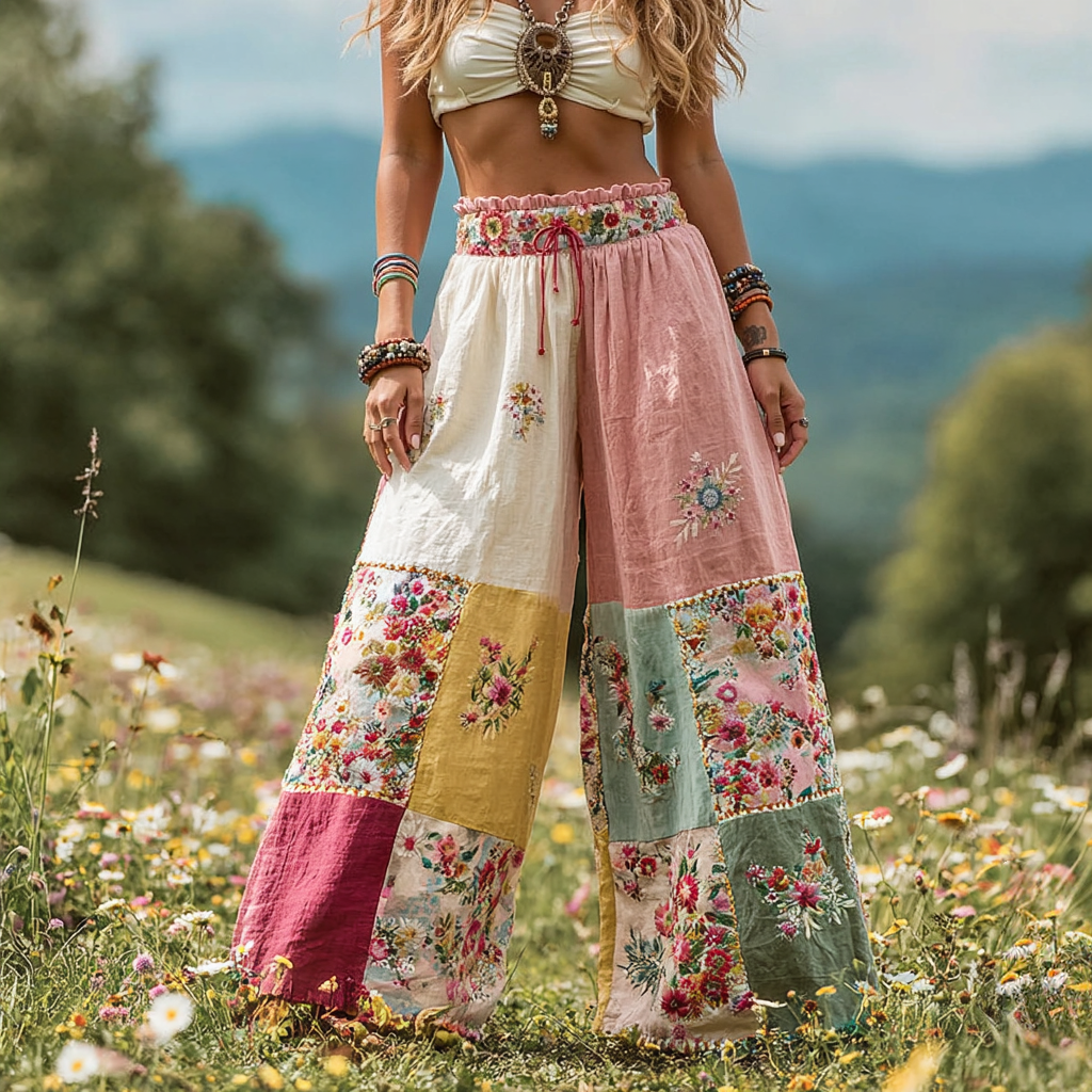 Women's Vintage Floral Patch Art Linen Casual Wide Leg Pants artswardrobe