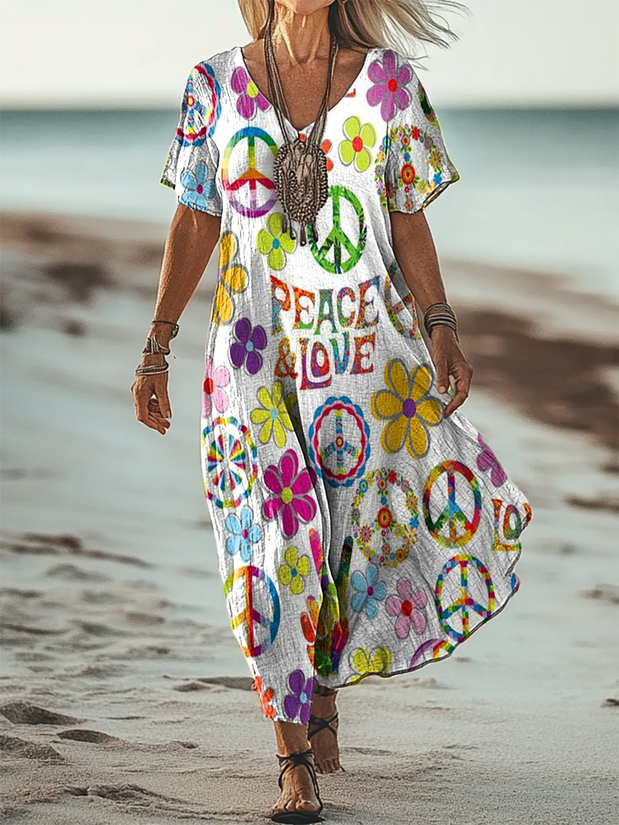 Women's Hippie Peace Love Flower Art Print Short Sleeve Pocket Cotton 