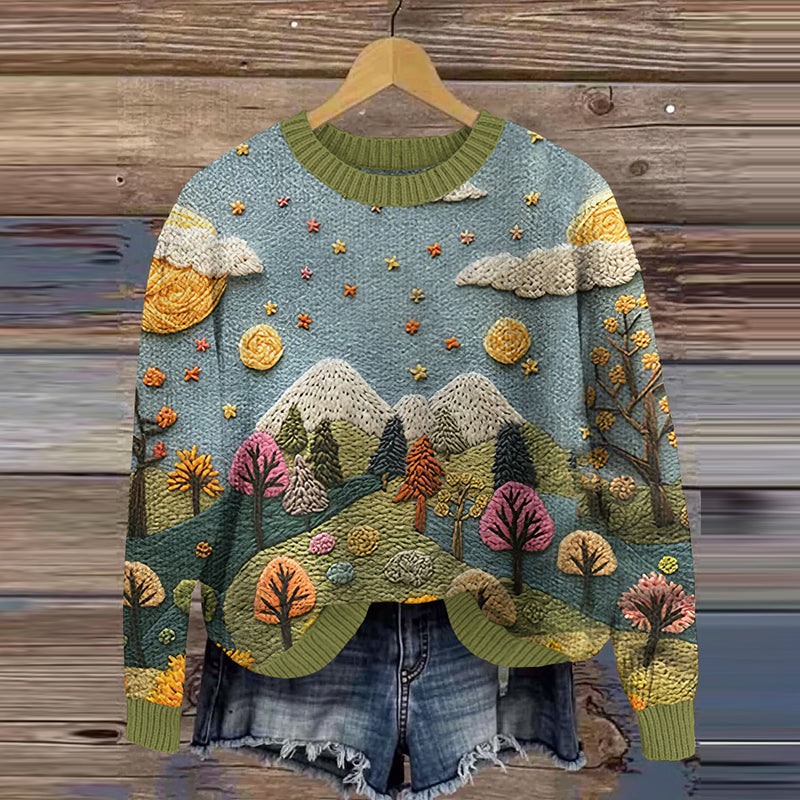 Vintage Colored Forest Mountain View Embroidery Print Art Cozy Knit Sweater artswardrobe