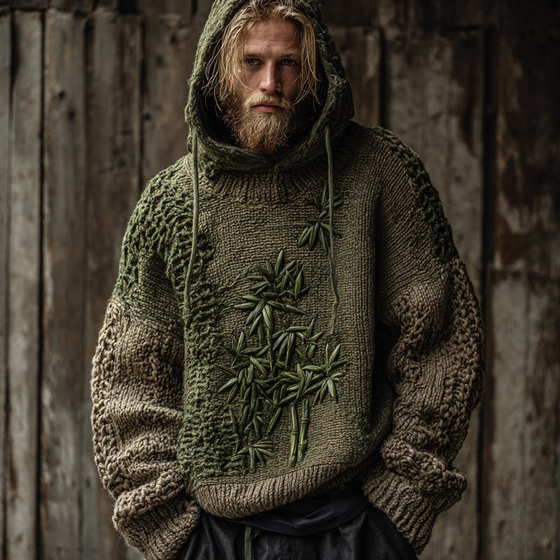 Men's Vintage Bamboo Embroidery Art Cozy Hooded Sweater elevenforest