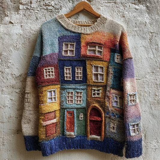 Colorful Street Building Patchwork Cozy Knit Sweater elevenforest