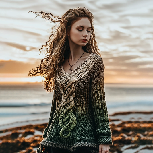 Women's Irish Green Pattern Jacquard Cozy V-neck Sweater artswardrobe