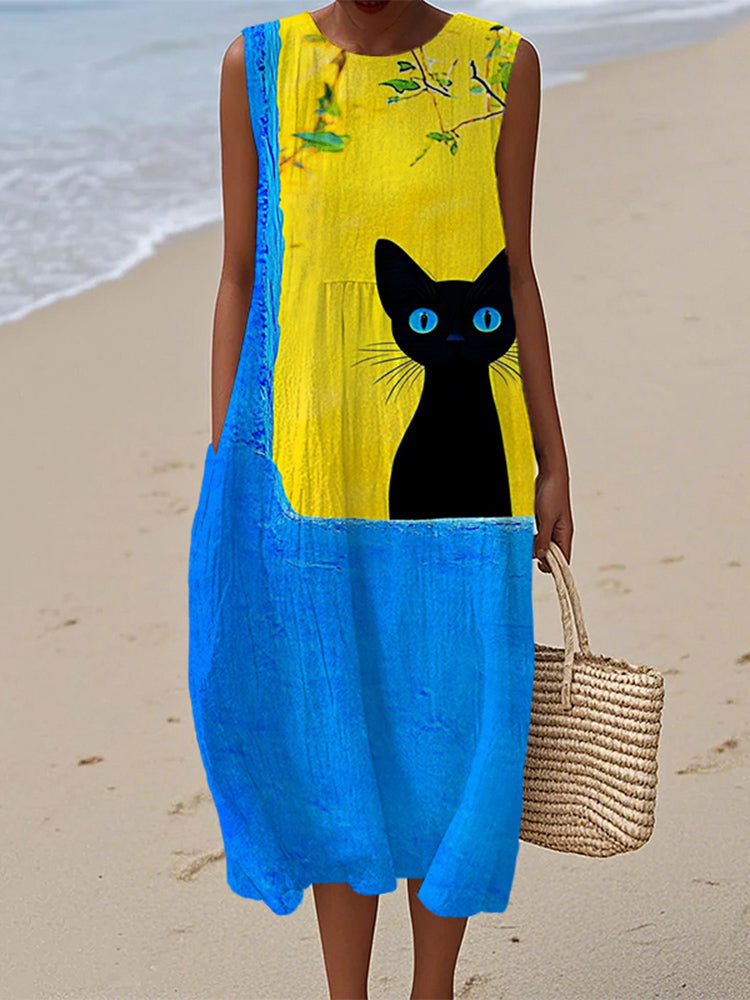 Comstylish Lovely Black Cat Contrast Color Linen Tank Dress